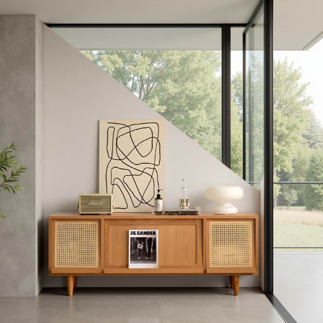 Solid Wood Rattan TV Console with Storage