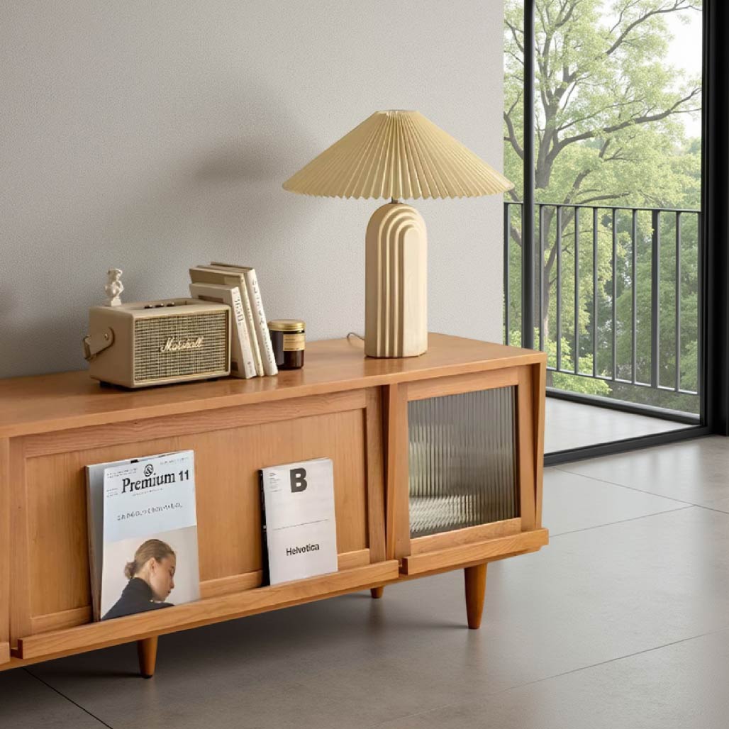 Solid Wood Rattan TV Console with Storage