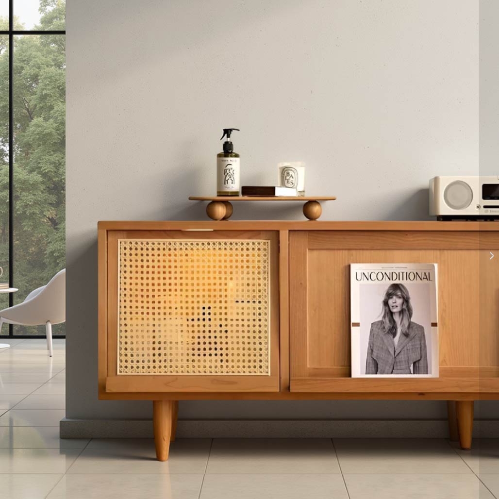 Solid Wood Rattan TV Console with Storage
