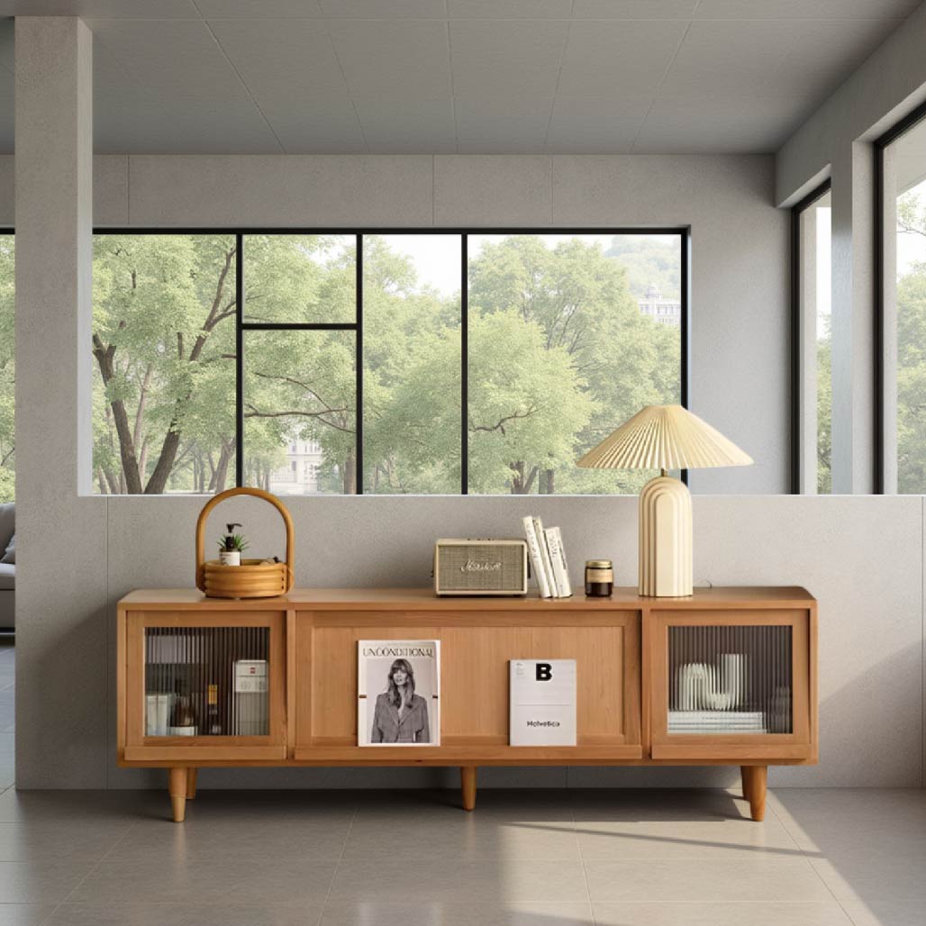Solid Wood Rattan TV Console with Storage