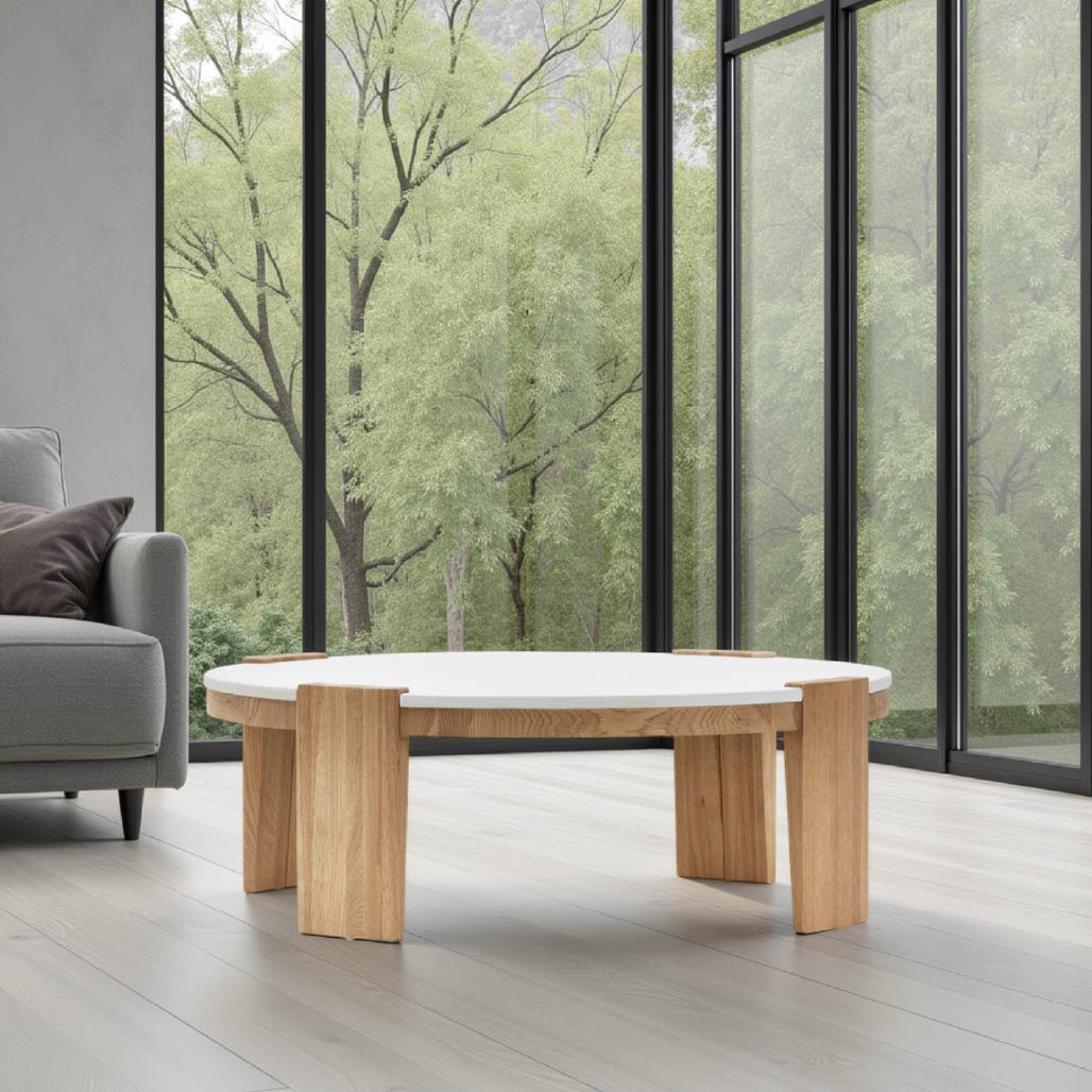 Cement Paint Coffee Table with Oak Wood Leg