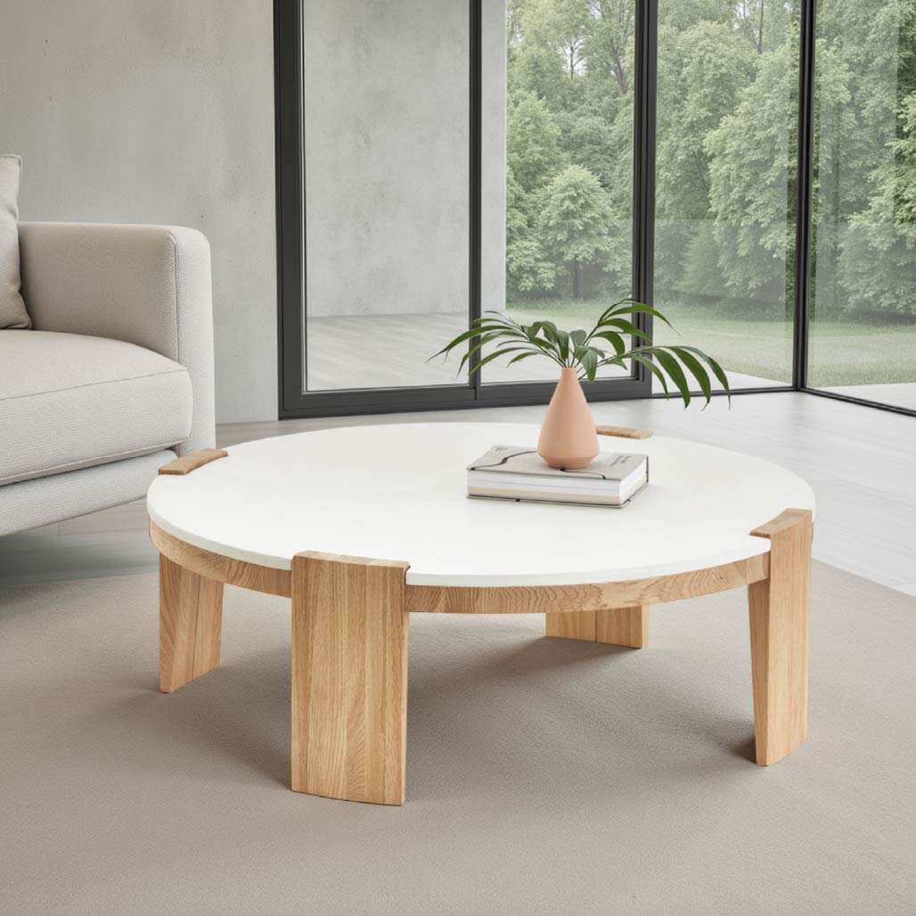 Cement Paint Coffee Table with Oak Wood Leg