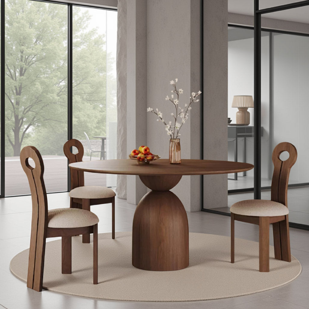 Hilda Retro Walnut Solid Wood Round Dining Table Set