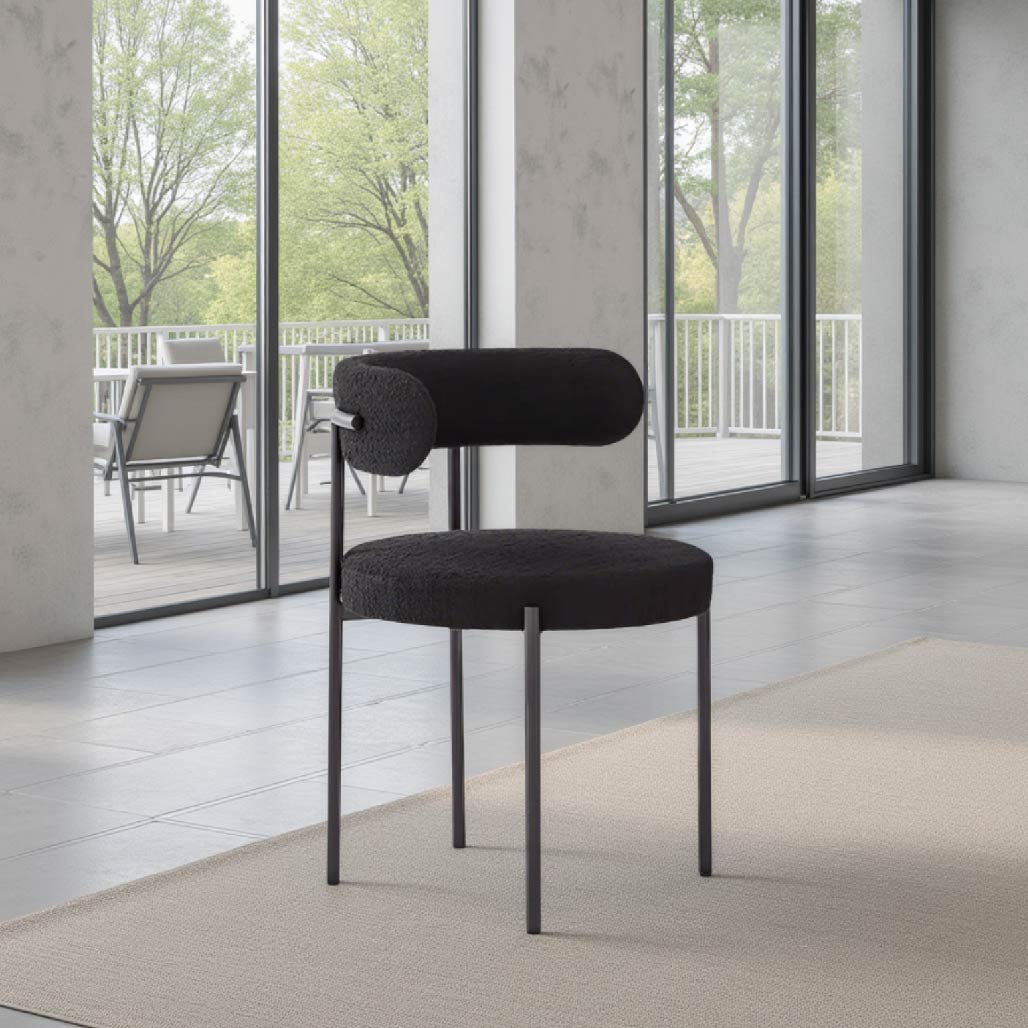 black boucle steel curved dining chair