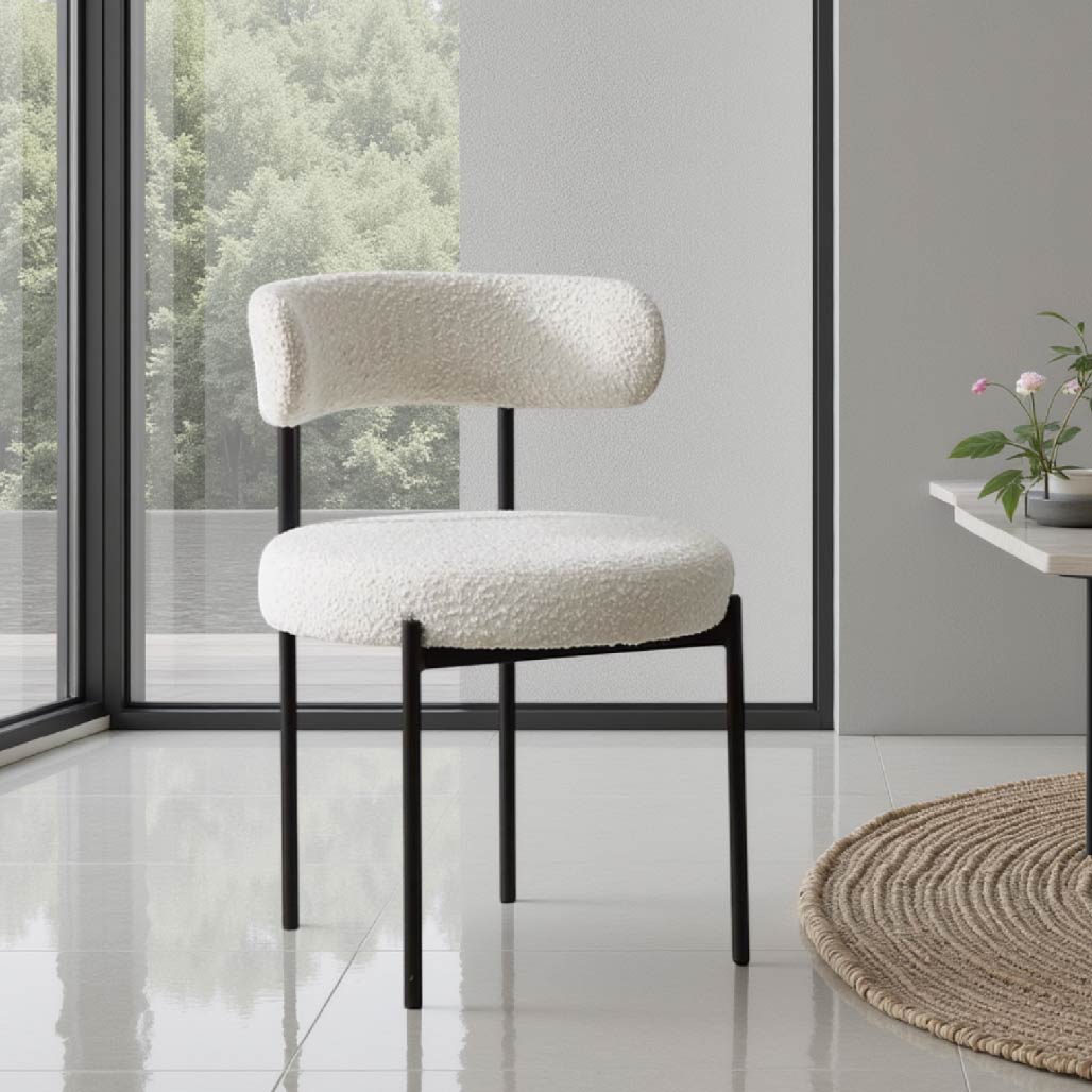 white boucle steel curved dining chair