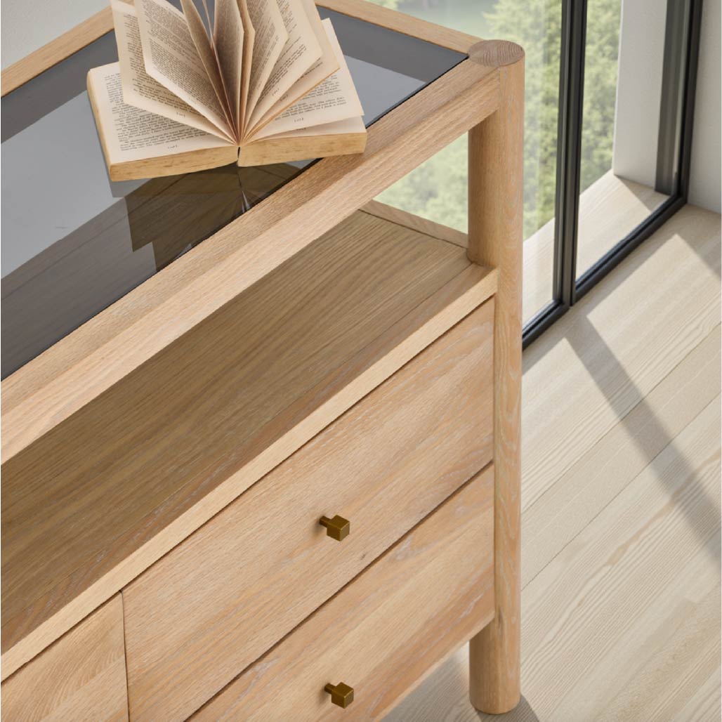 Oak Wood Sideboard with Grey Tempered Glass