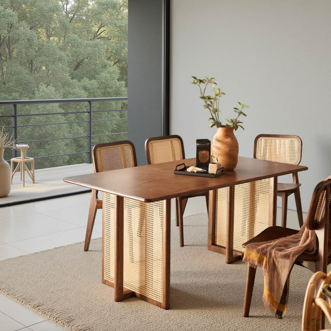 Japanese-Style Solid Wood Rattan Dining Table Set
