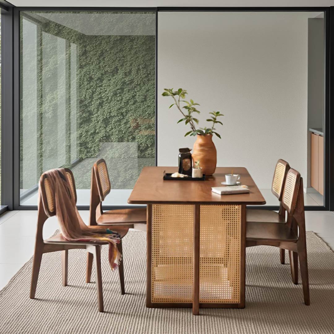 Japanese-Style Solid Wood Rattan Dining Table Set