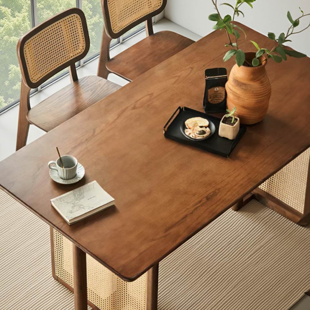 Japanese-Style Solid Wood Rattan Dining Table Set