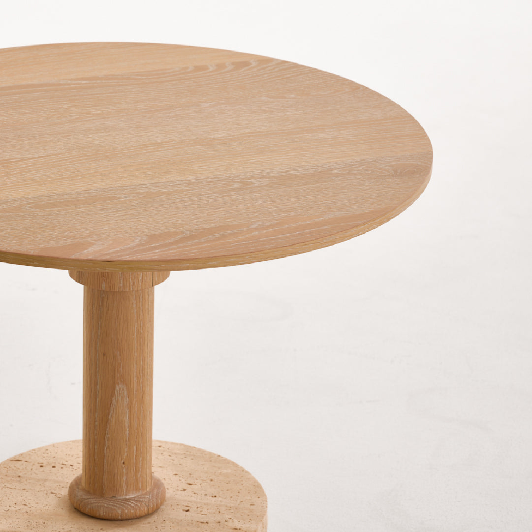 Round Oak End Table with Travertine Base