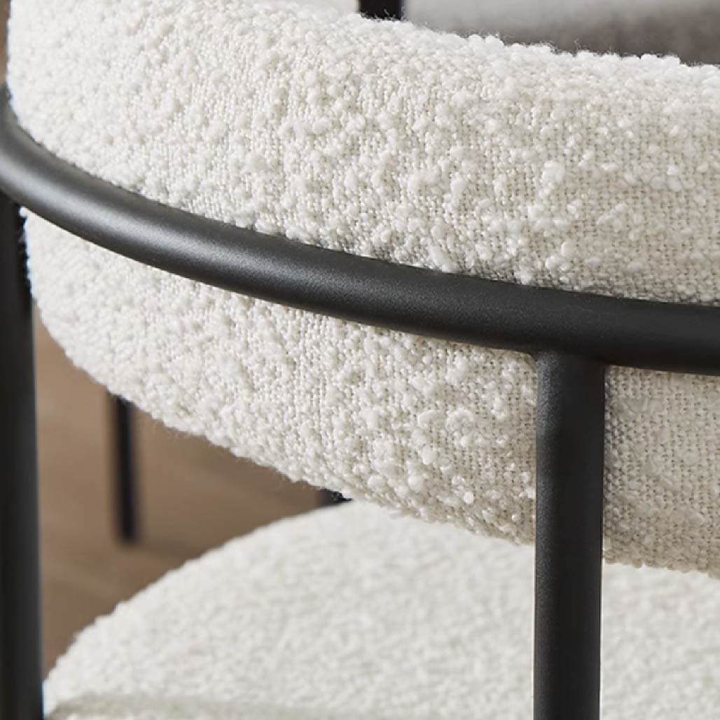 white boucle steel curved dining chair