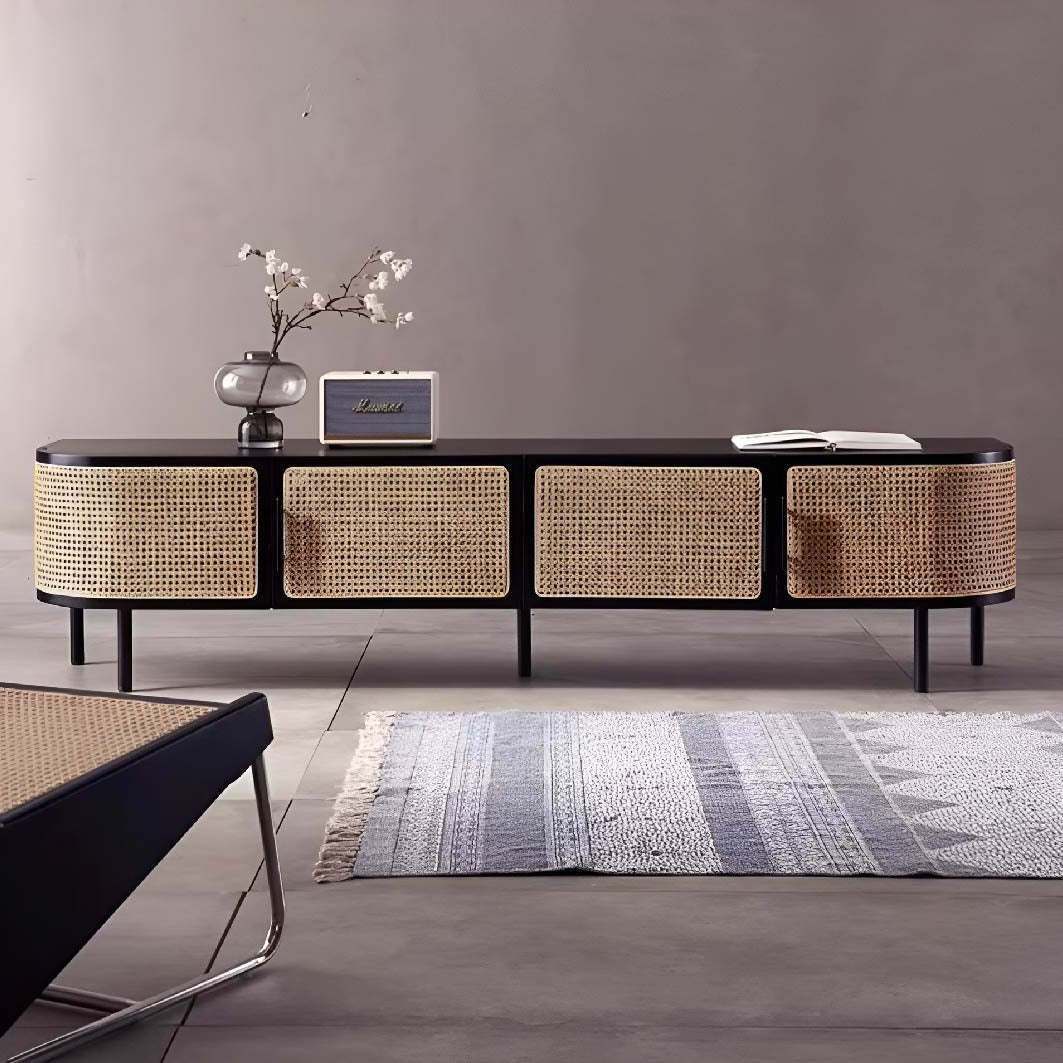 Black Ash Wood Rattan TV Console