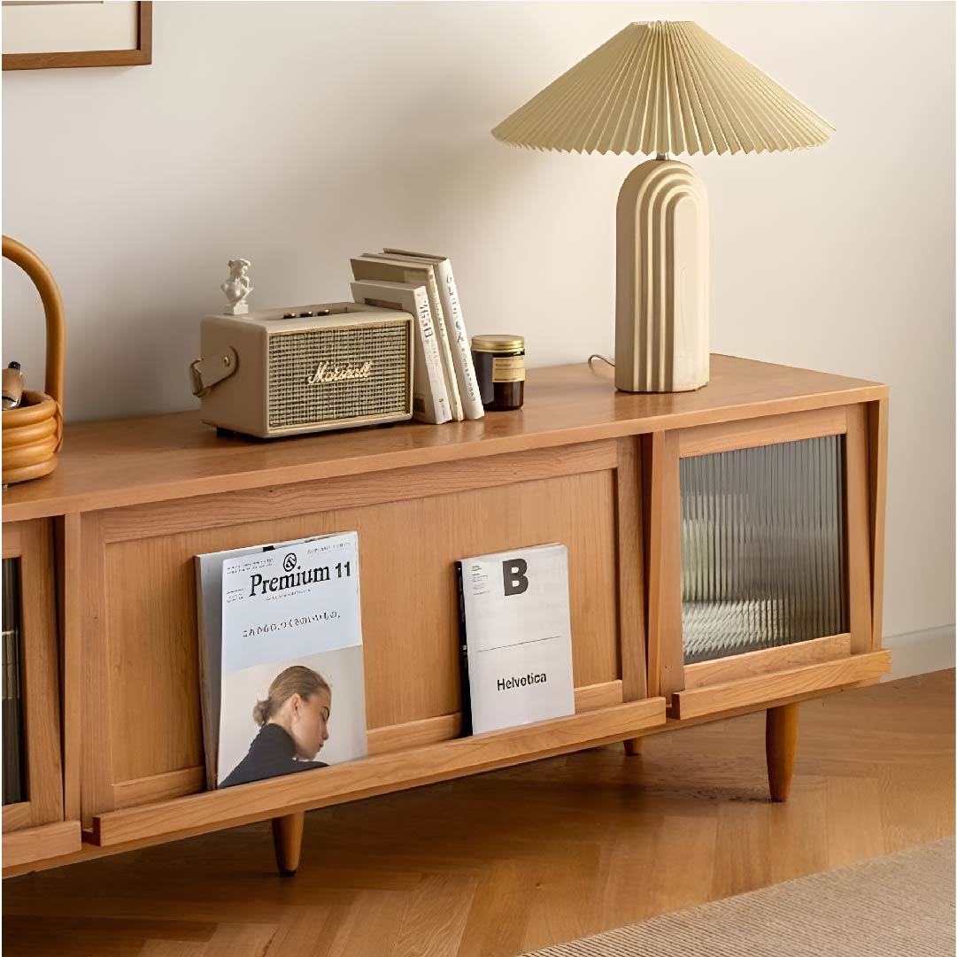 Solid Wood Rattan TV Stand with Storage