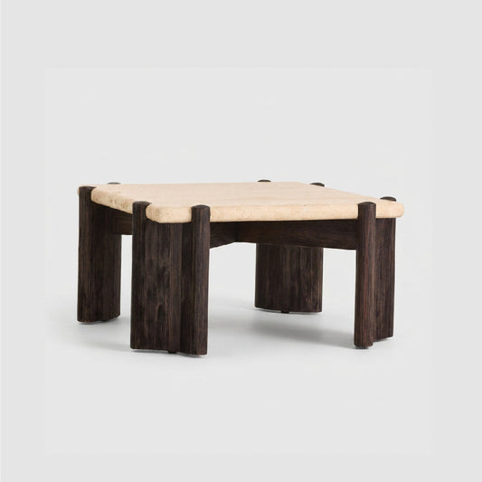 Dark Brown Solid Wood & Travertine Coffee Table