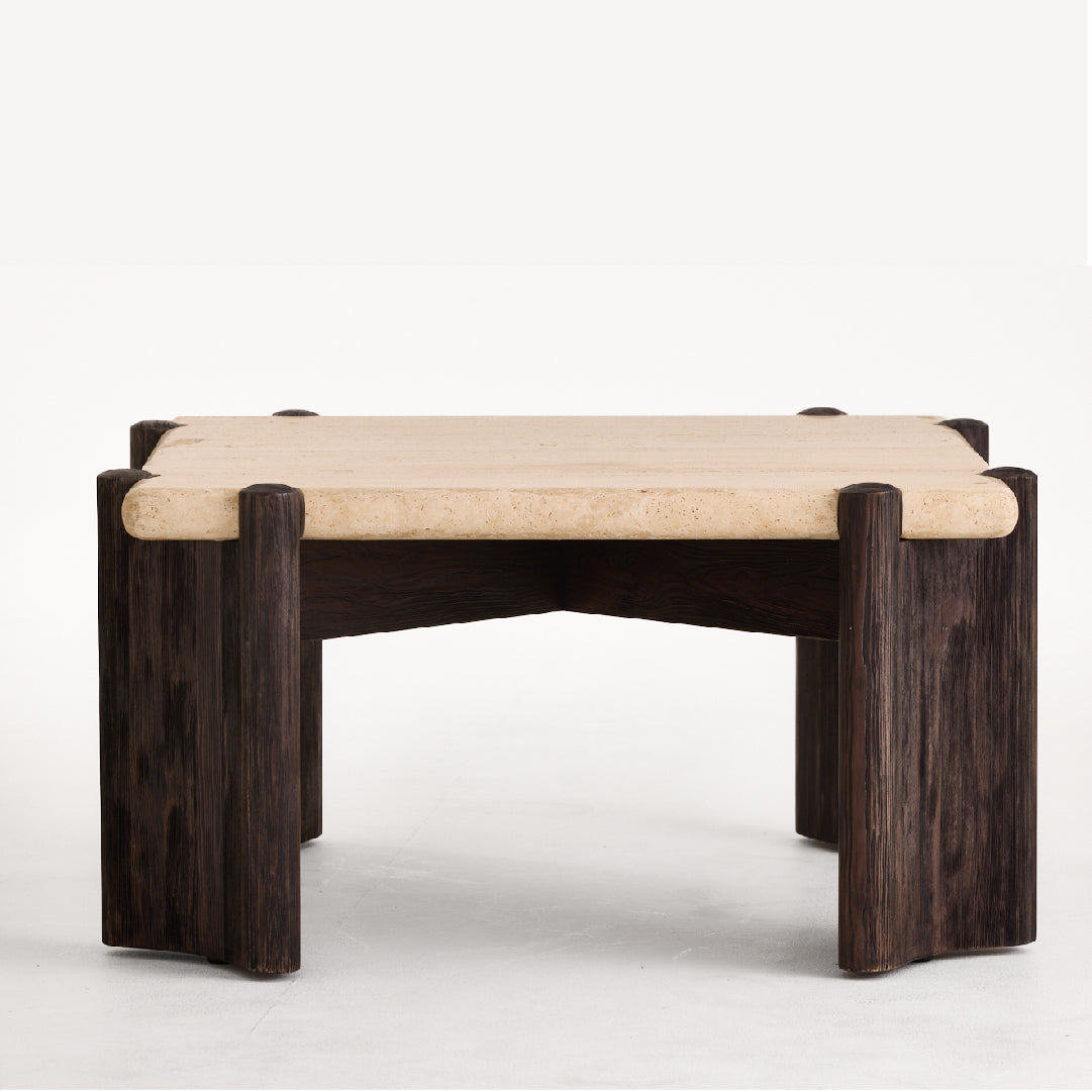 Dark Brown Solid Wood & Travertine Coffee Table