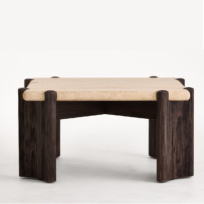 Dark Brown Solid Wood & Travertine Coffee Table