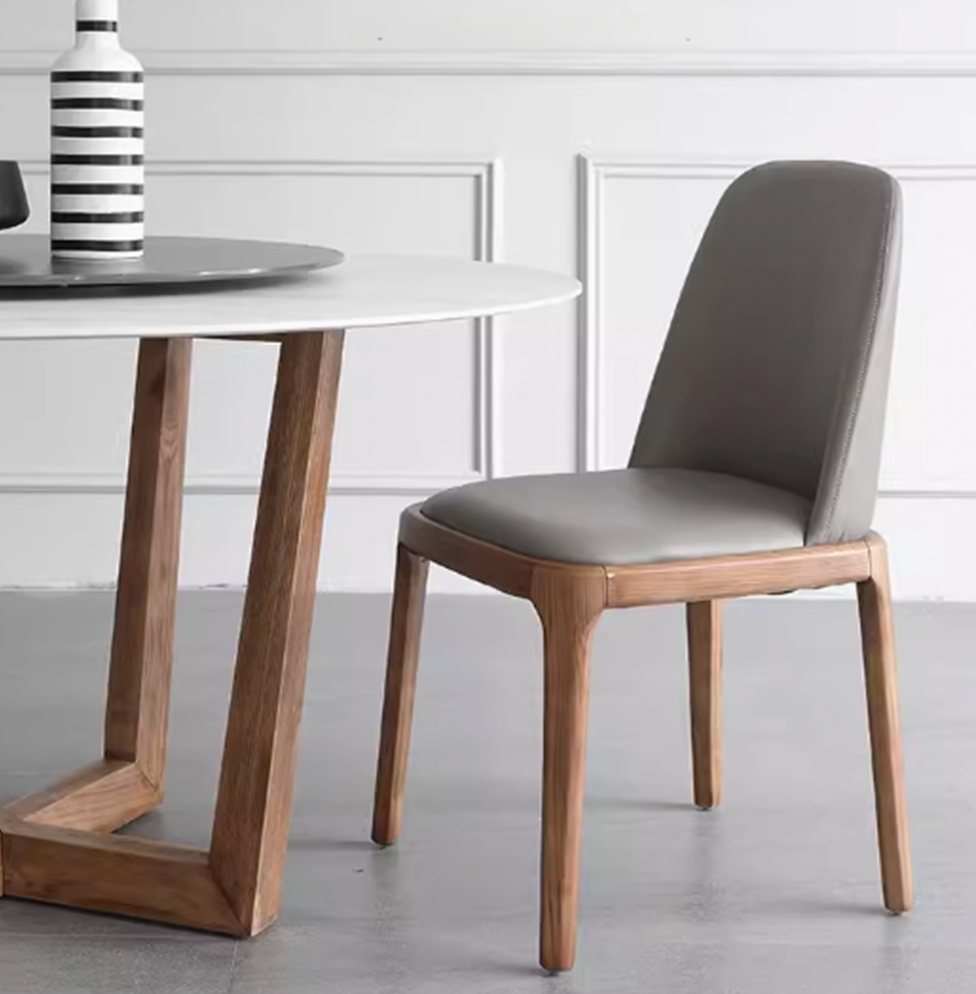 Grey Leather Solid Wood Dining Chair