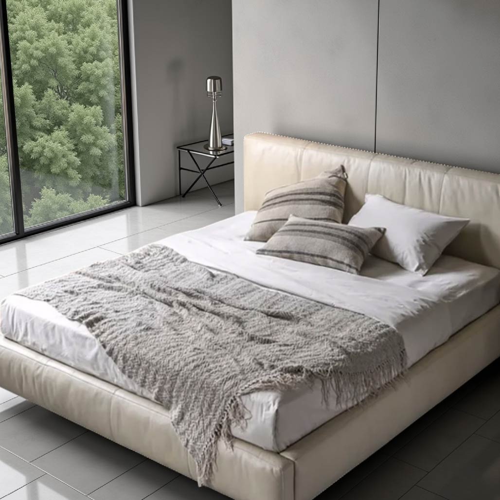 Beige Italian Retro Leather Bed