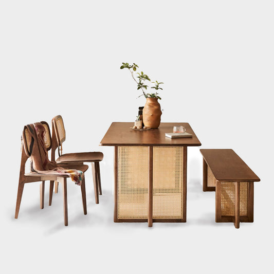 Kaia Japanese-Style Solid Wood Rattan Dining Table Set