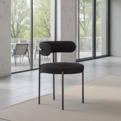 black boucle steel curved dining chair