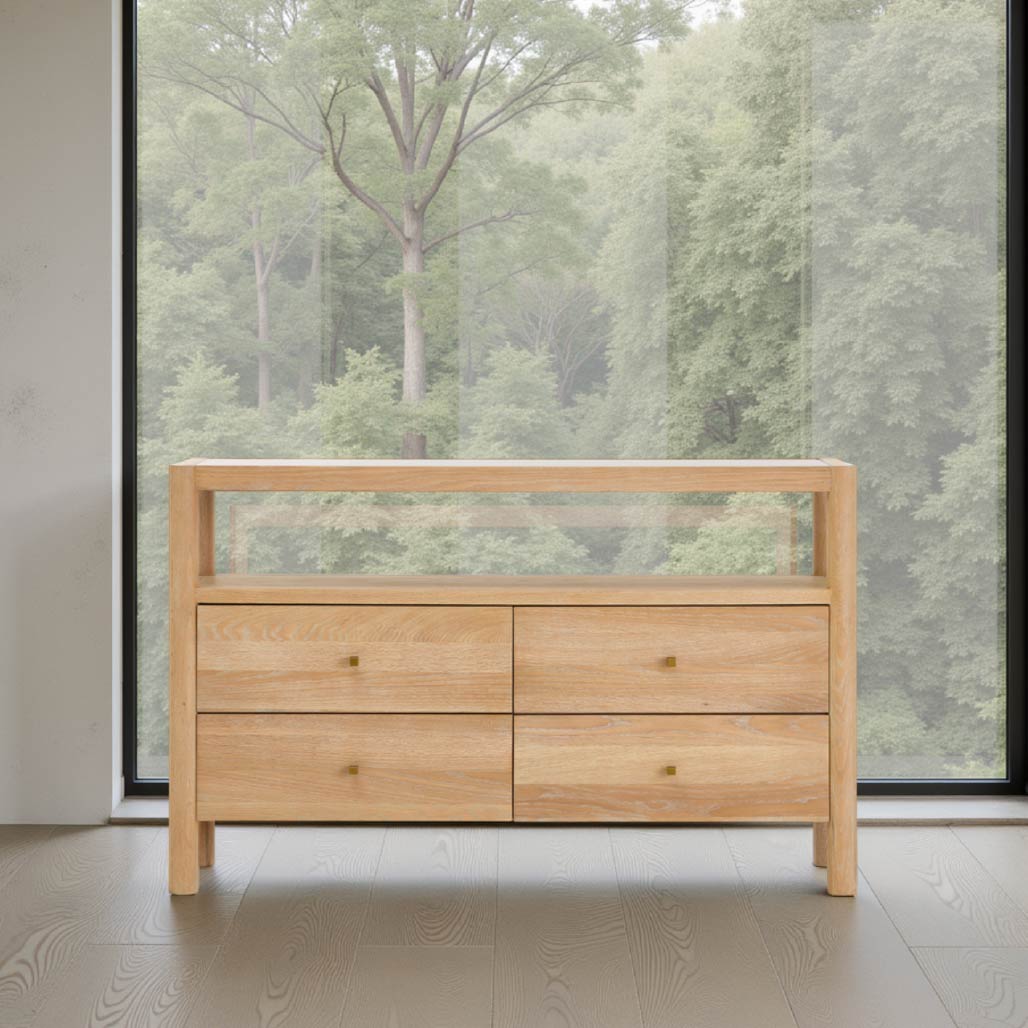 Oak Wood Sideboard with Grey Tempered Glass