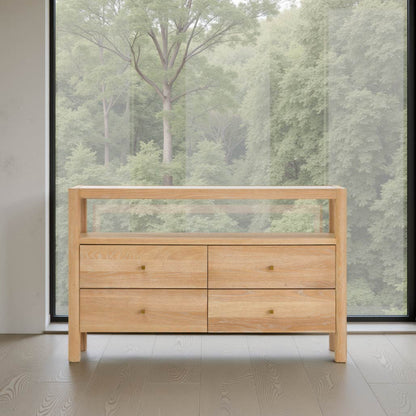 Oak Wood Sideboard with Grey Tempered Glass