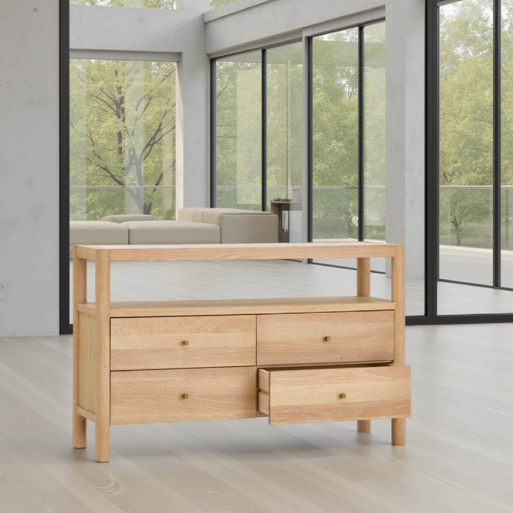 Oak Wood Sideboard with Grey Tempered Glass