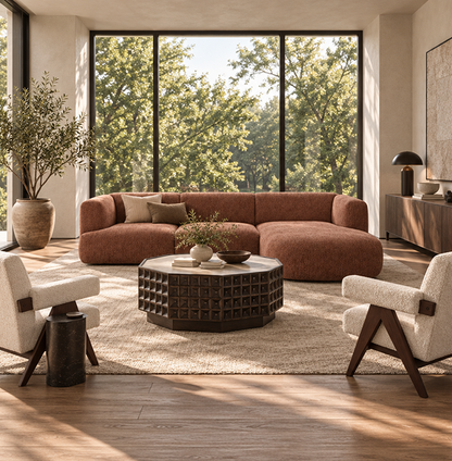 A modern living room featuring a large pink modular sectional sofa, a dark geometric coffee table, two cream armchairs, and a large beige rug, set against a background of tall windows showing a lush green outdoor view.
