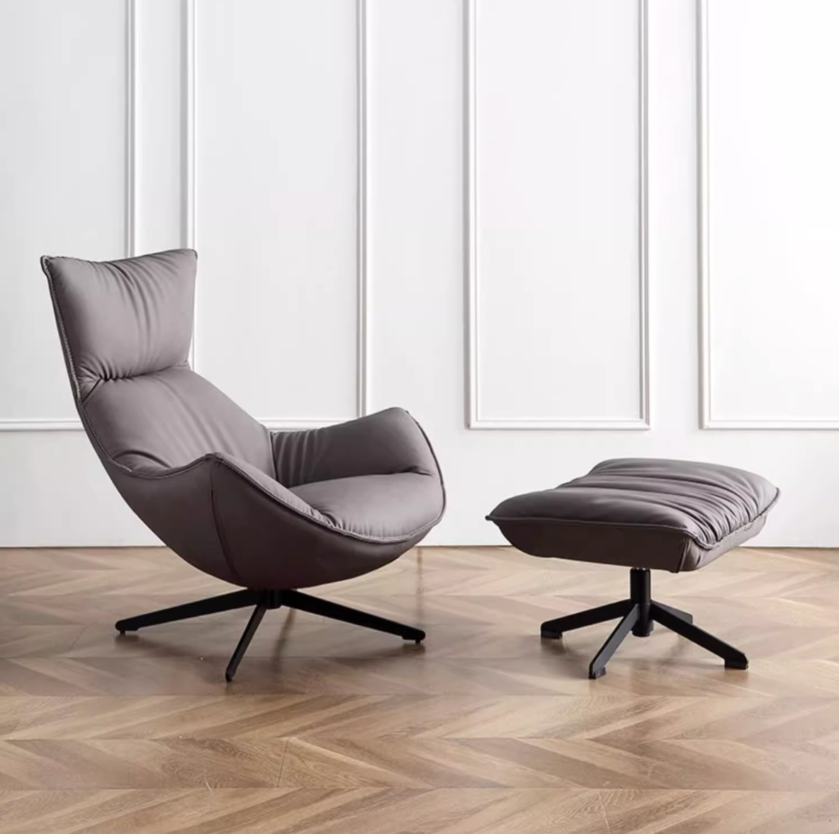 Grey Leather Swivel Chair with Footstool