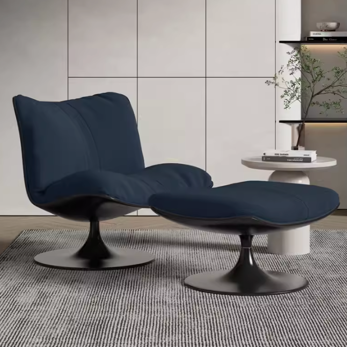 Lars Modern Dark Blue Designer Chair with Footstool