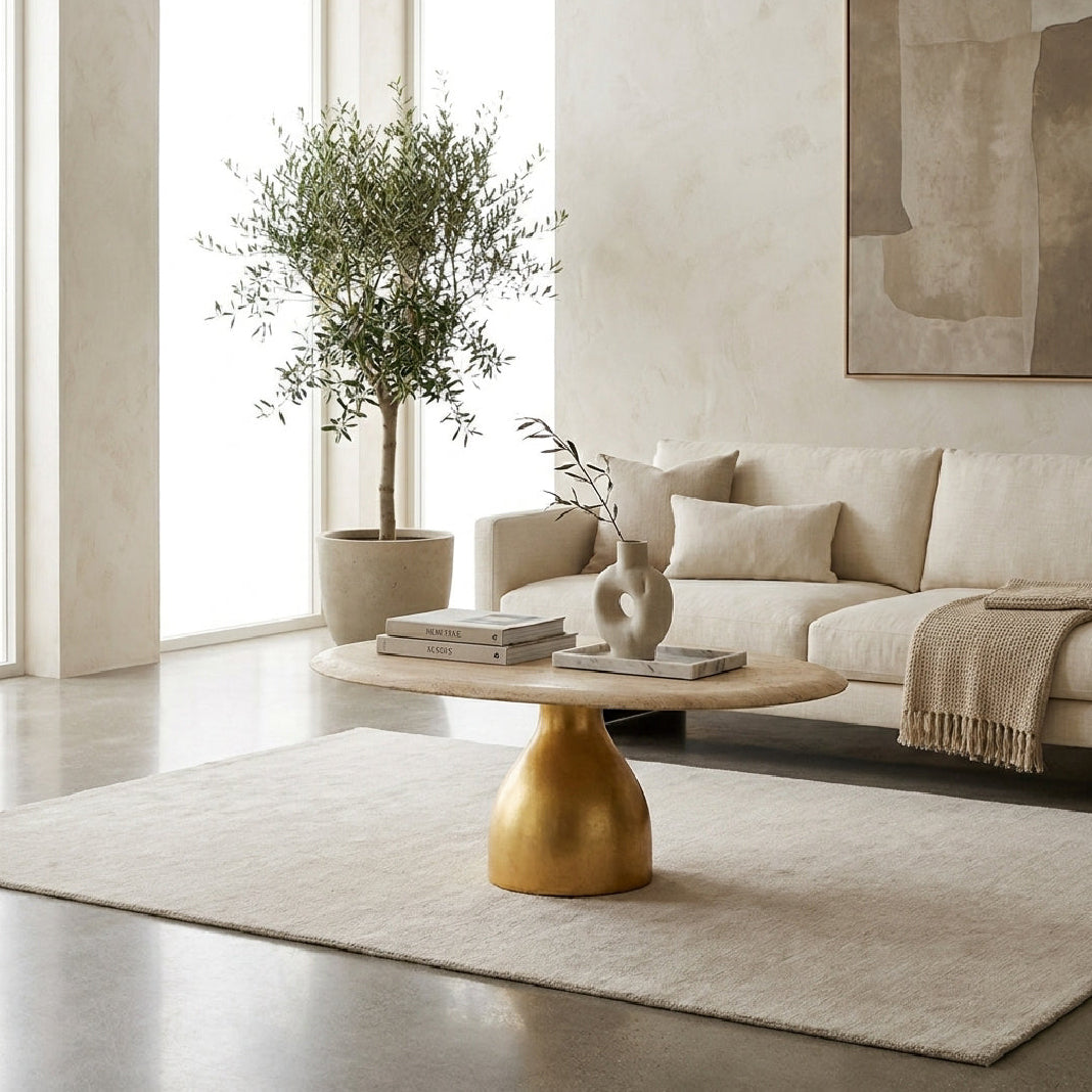Oval Travertine Coffee Table with Gold Pedestal