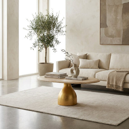Oval Travertine Coffee Table with Gold Pedestal