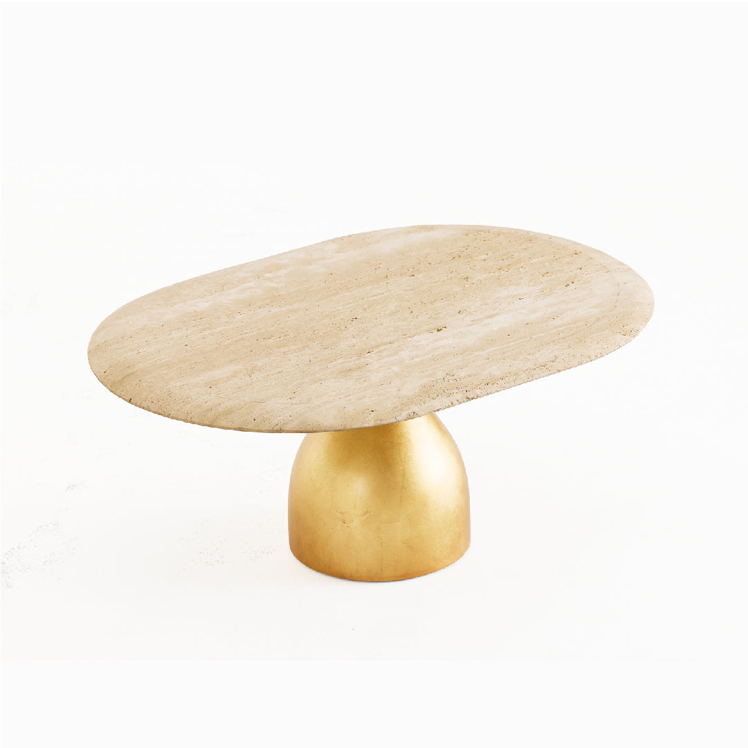 Oval Travertine Coffee Table with Gold Pedestal