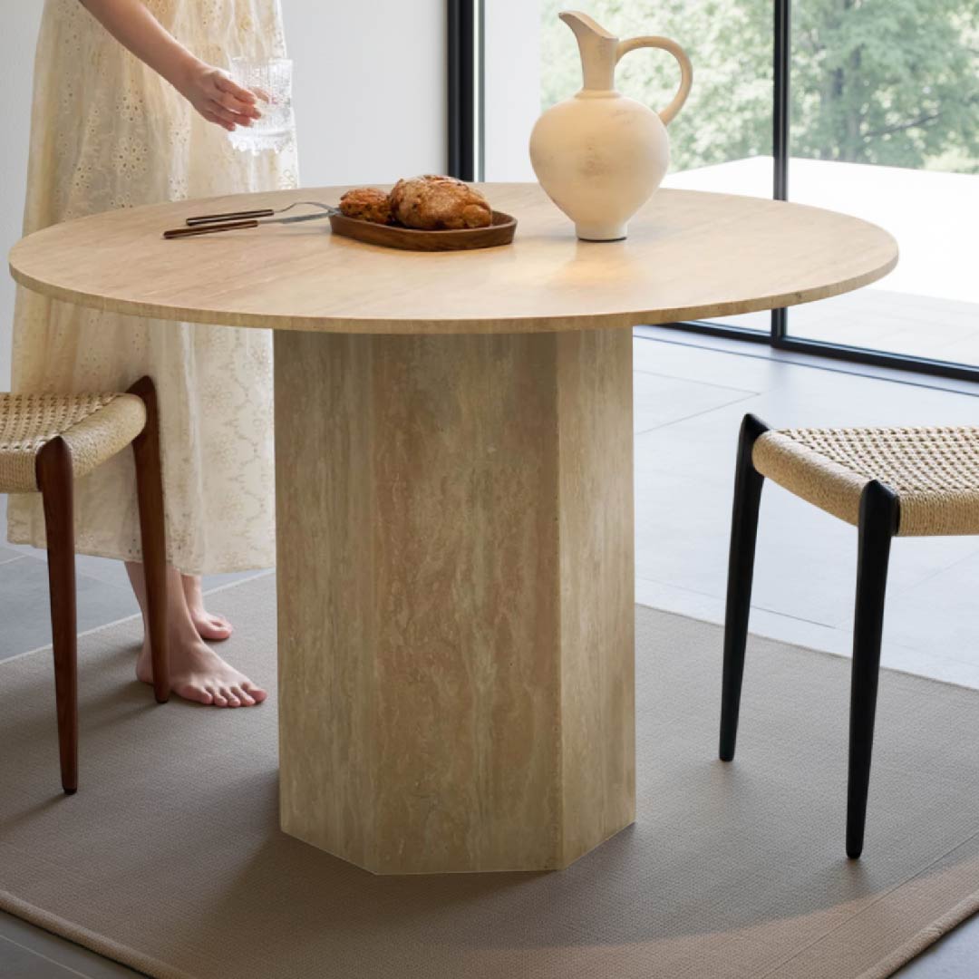 Round Cave Stone Slate Dining Table Set