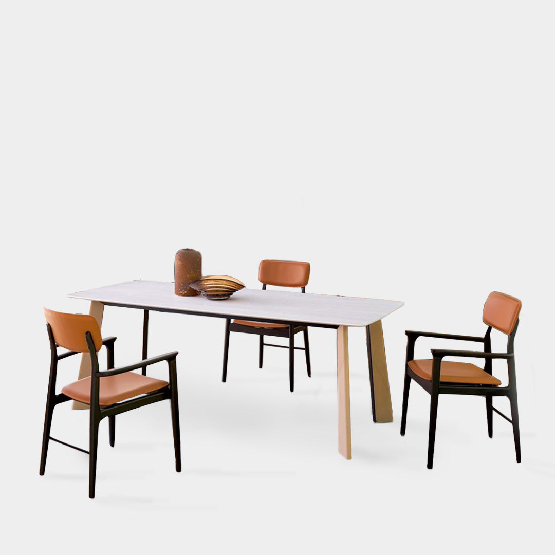 Berit Saddle Leather Dining Table Set with Matte Stone Top