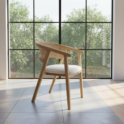 Sungkai Wood Rattan Dining Chair with Off White Seater