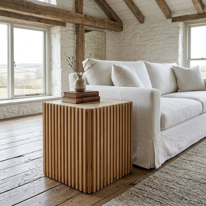 Henrik Slatted Wood Side Table with Marble Top