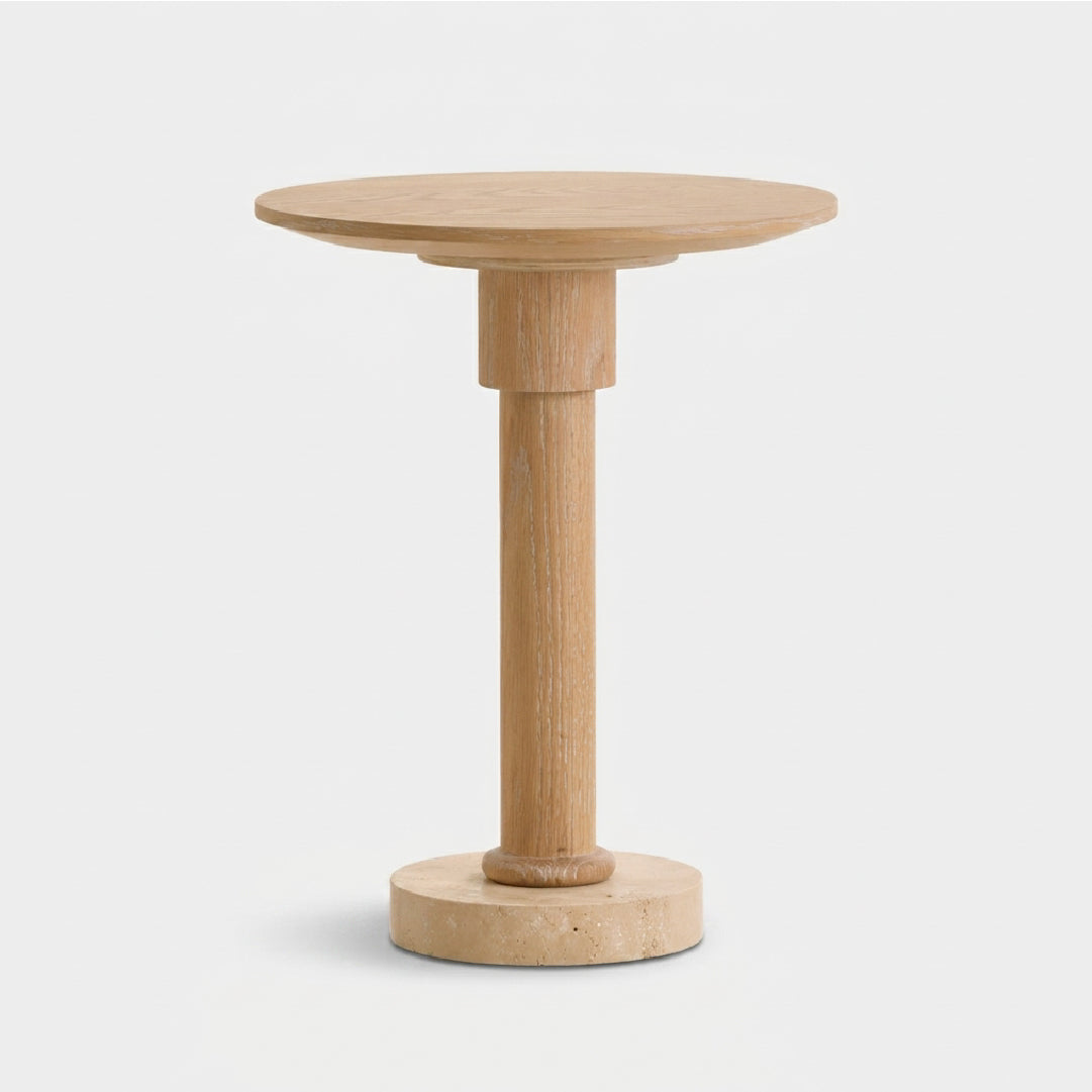 Round Oak Side Table with Travertine Base