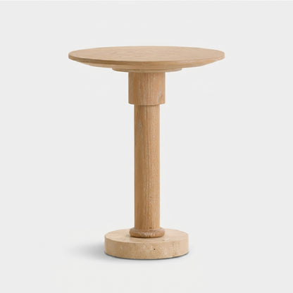 Round Oak Side Table with Travertine Base