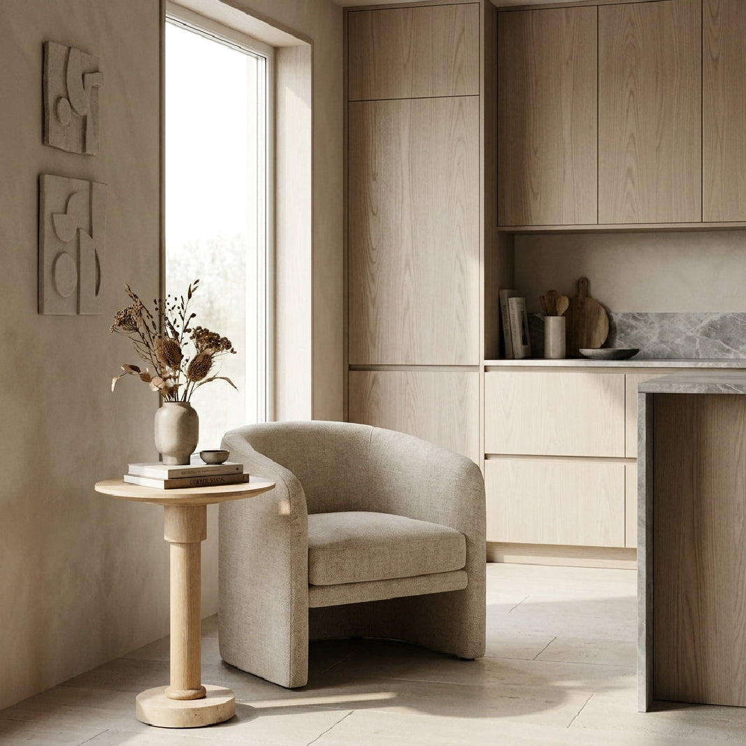 Round Oak Side Table with Travertine Base