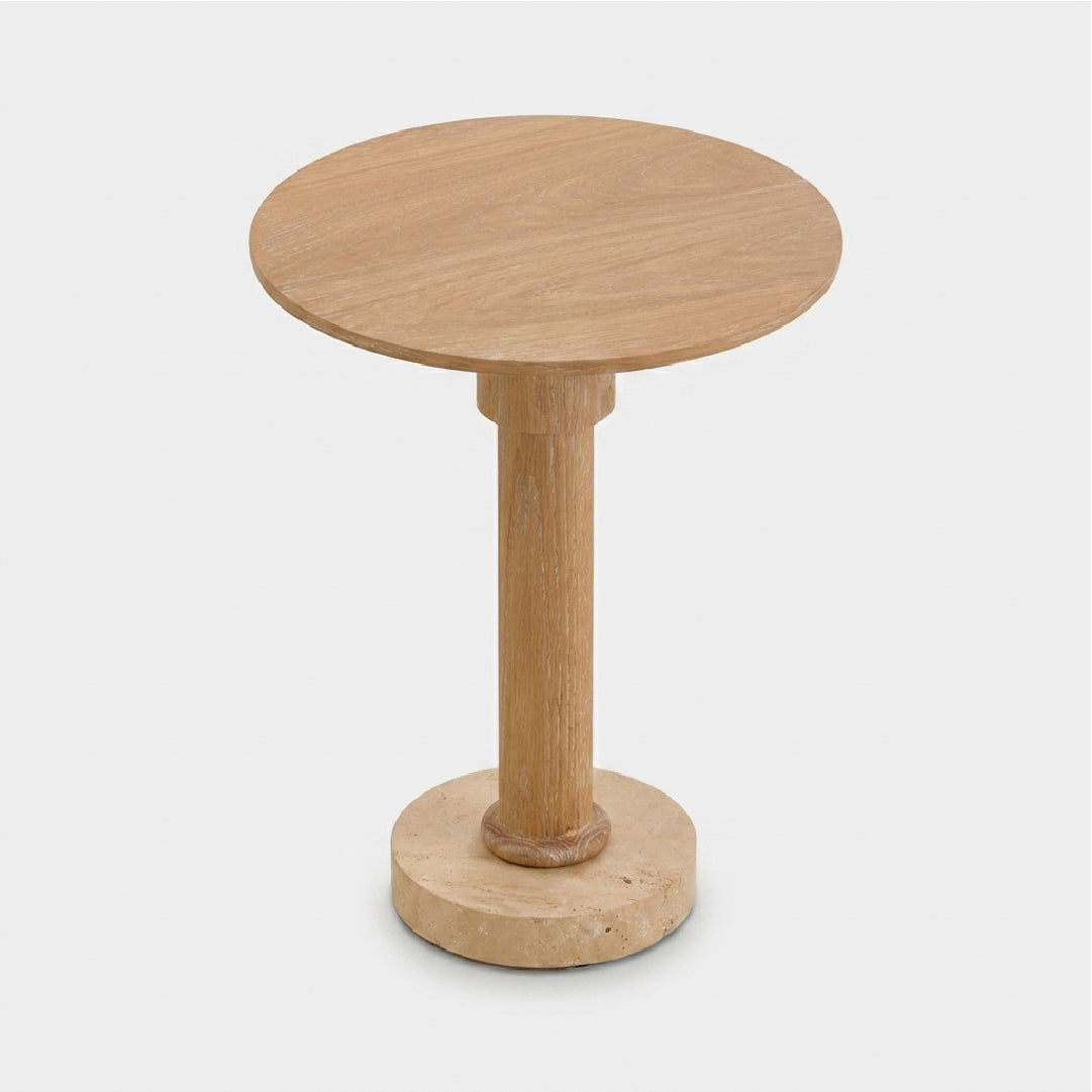 Round Oak Side Table with Travertine Base