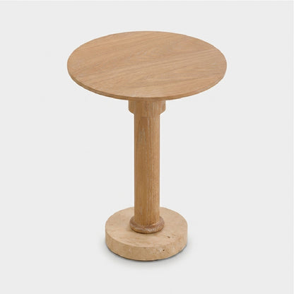 Round Oak Side Table with Travertine Base
