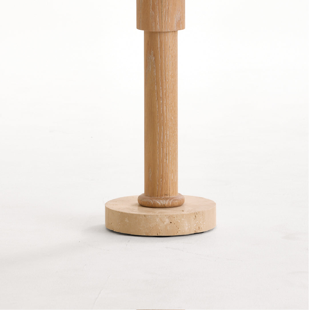 Round Oak Side Table with Travertine Base