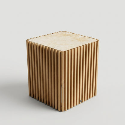 Henrik Slatted Wood Side Table with Marble Top