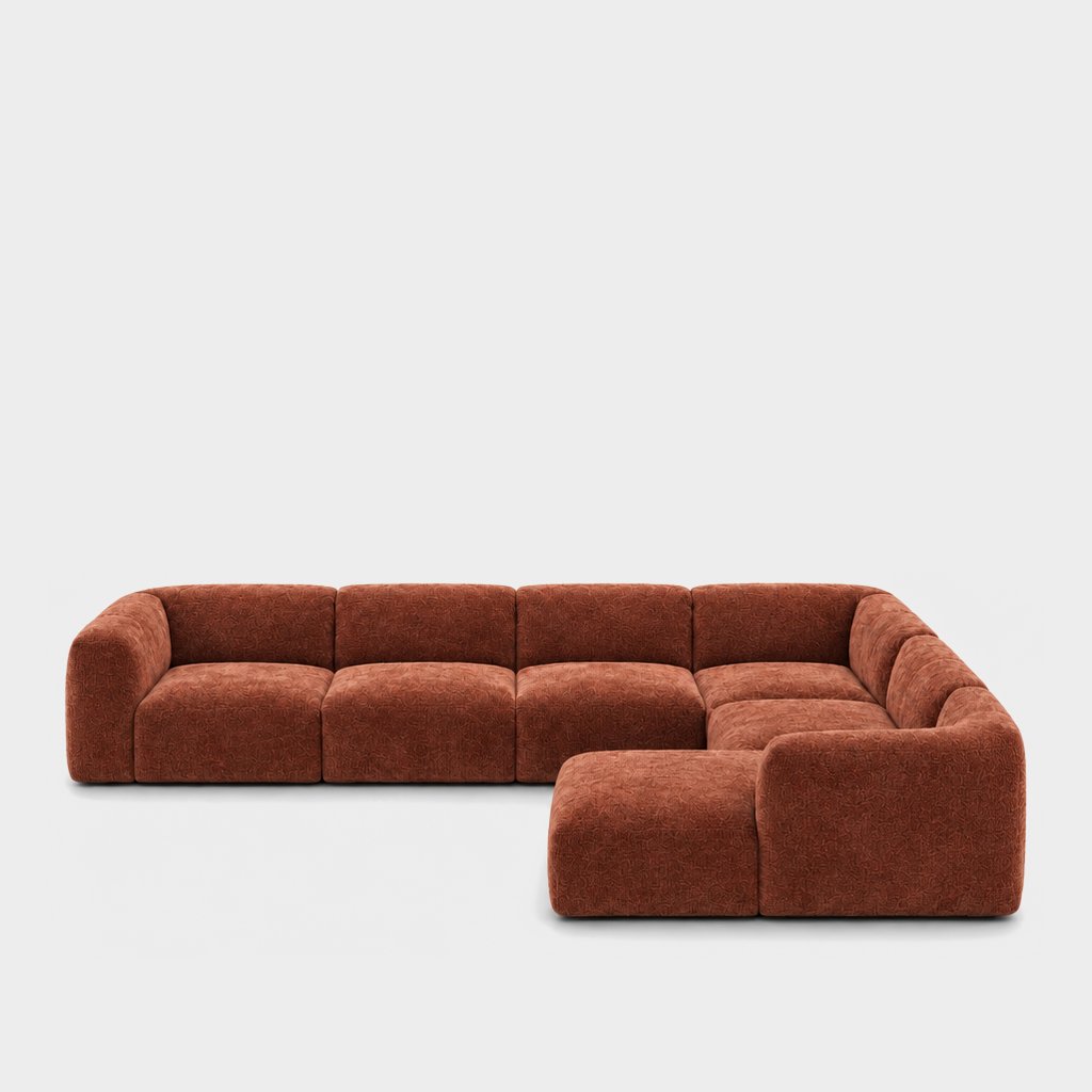 Petra 6-seater corner sofa with chaise in Petra Rust 8068, rust orange chenille