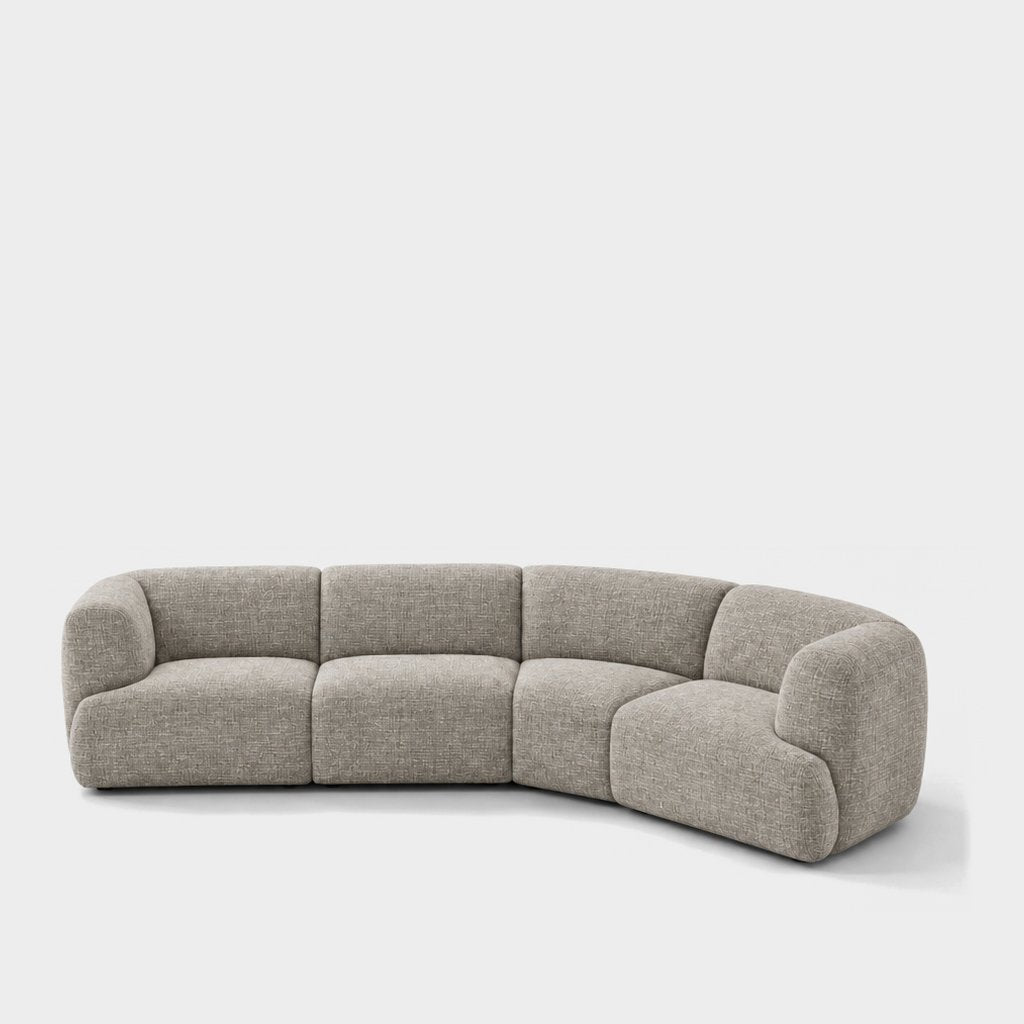Petra curved modular sofa in Field Herb 8213, sage grey linen