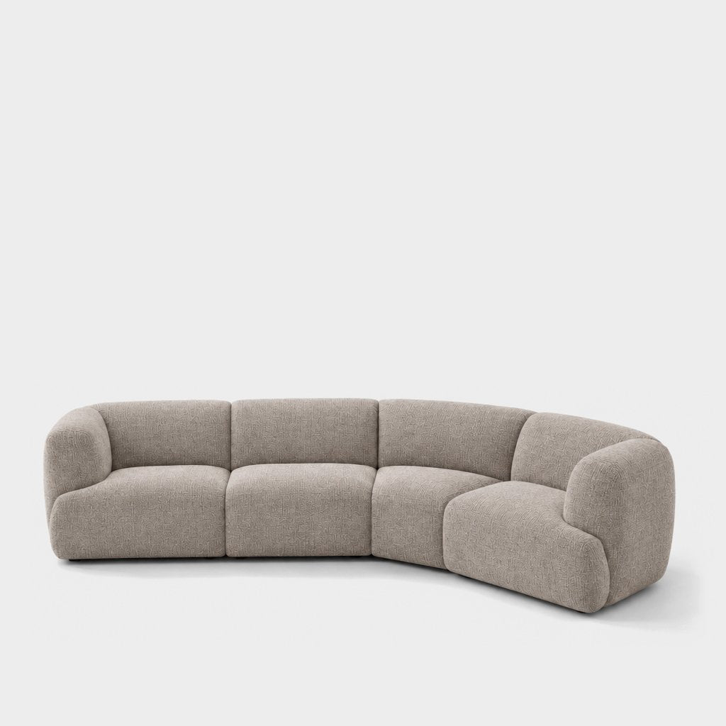 Petra curved modular sofa in Fig Cobbestone 82W1, warm grey chenille