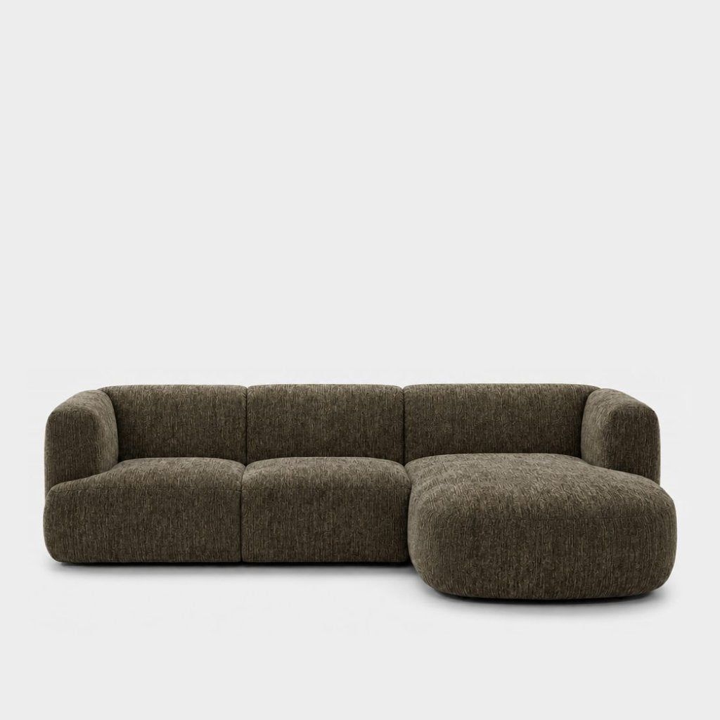 Petra L-shape modular sofa with chaise in Petra Wood 8066, olive brown chenille