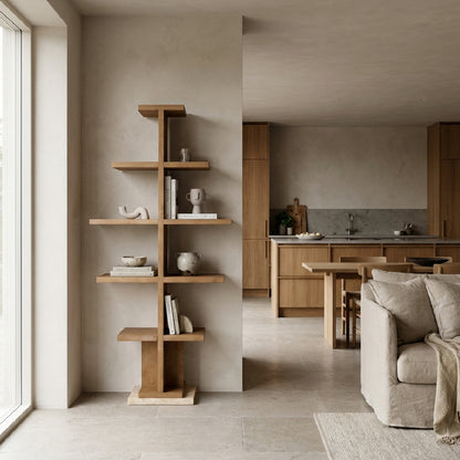 Sculptural Pine & Travertine Display Shelf