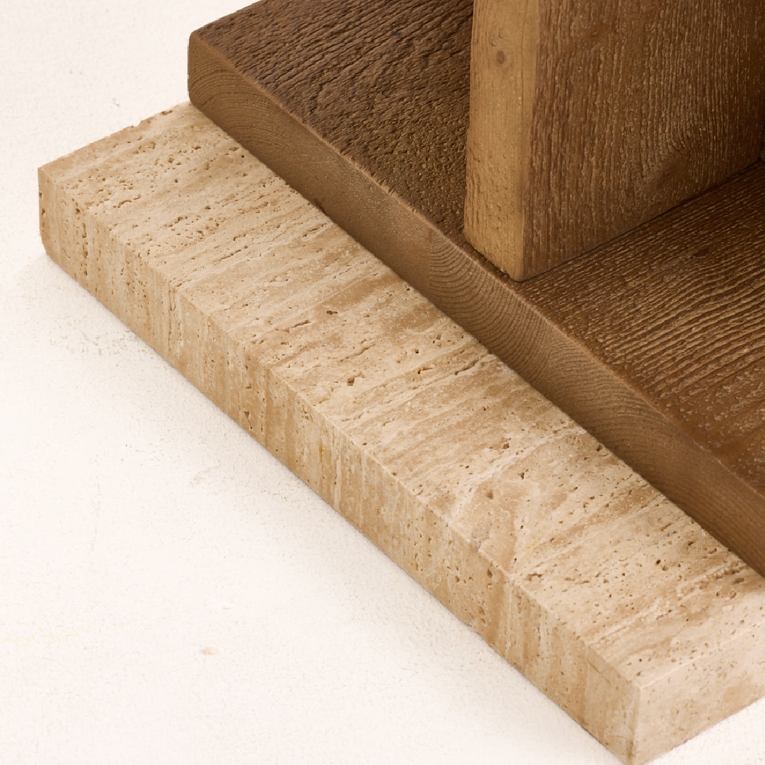 Sculptural Pine & Travertine Display Shelf